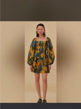 Farm Rio Puff Sleeve Mini Dress with Yellow Floral Print Foliage